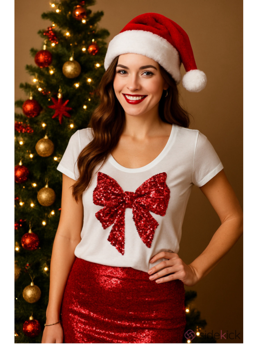 NWT INC Red Sequin Bow Tee Size M Christmas Holiday Festive Glam M2